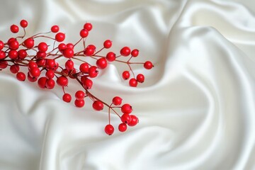 Vibrant red berries on luxurious white silk fabric backdrop