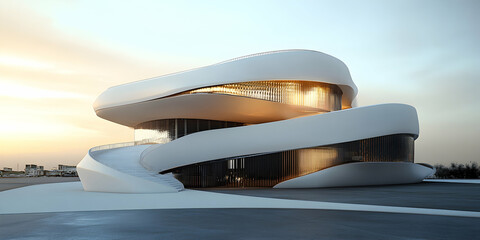 Futuristic building with curved staircase, modern architecture design