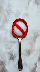 Poster - Vintage spoon filled with sugar granules crossed by a red stop sign, symbolizing sugar reduction, no added sugar, and the dangers of excessive sugar consumption