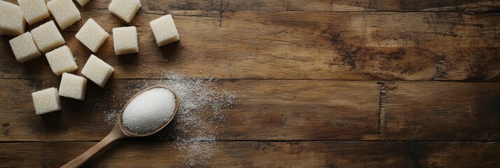 Aufkleber - Granulated and cube sugar on wooden spoon and table create a still life emphasizing sugar consumption, reduction, and sugar free lifestyle choices