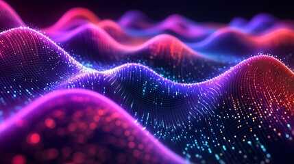 Poster - Abstract digital landscape featuring colorful waves with glowing patterns and gradients in a dark environment