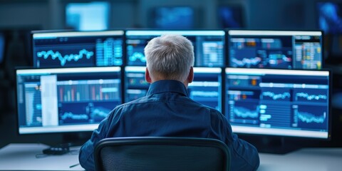Poster - A person analyzes data on multiple screens in a dimly lit environment, focusing on financial graphs and market trends.