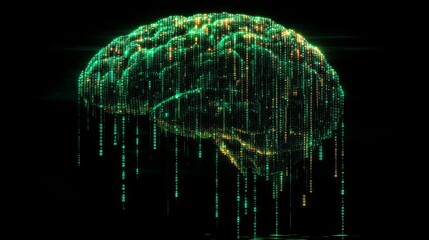 Poster - A green brain silhouette composed of binary code representing digital intelligence and technology