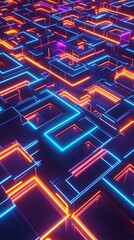Poster - a vibrant digital maze illuminated with neon blue and orange lights, creating a futuristic atmospher