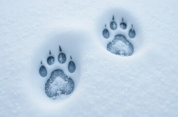 Cat paw prints on fallen white snow