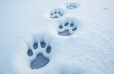 Cat paw prints on fallen white snow