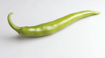 Wall Mural - A bright green sweet pepper rests on a clean, white surface, highlighting its smooth texture and elongated form. The vegetable appears fresh and ready for culinary use