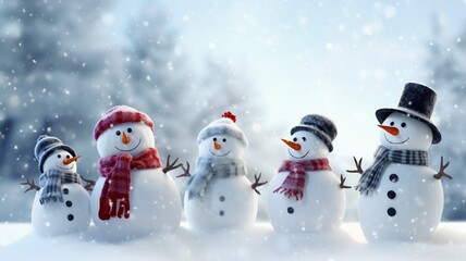 Wall Mural - snowmen standing in winter christmas landscape. winter background.