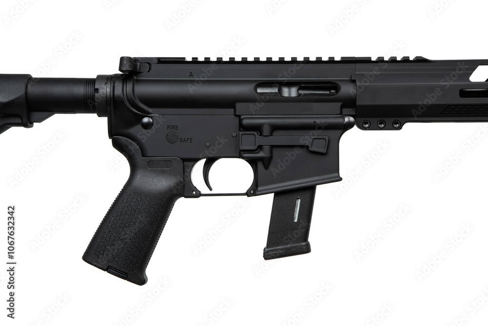A modern automatic carbine chambered for 9mm pistol caliber. Weapons for the police, army and special units. Isolate on a white back.