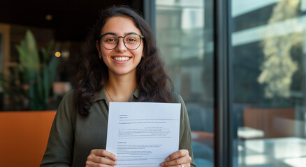 Funcionário sorridente segurando documento após receber aumento em ambiente de escritório moderno