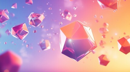 Poster - colorful geometric shapes suspended in a vibrant gradient background during a digital art scene