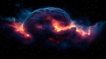 Poster - A cosmic brain silhouette filled with vibrant nebula and twinkling stars against a dark backdrop