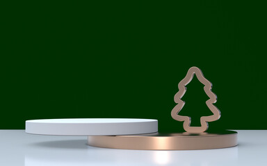 Poster - 3D golden green minimal podium, abstract geometric shape, stand for product presentation on Christmas or New Year holidays, space for text