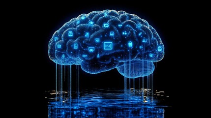 Poster - A human brain silhouette illuminated with augmented reality elements reflecting on water
