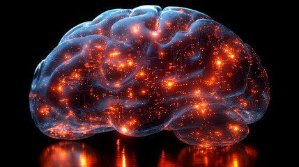 Poster - Transparent glass brain silhouette illuminated with glowing patterns in a dark environment
