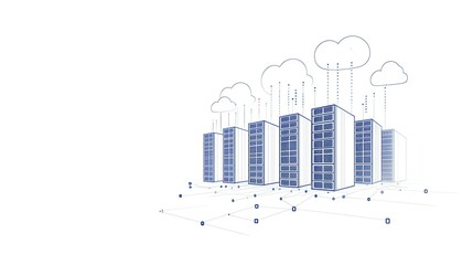Fototapete - Cloud computing infrastructure with digital management icons and circuit graphics on a blue background.