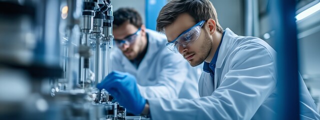 Poster - scientists conduct experiments in a modern laboratory during the day, focusing on precision instrume
