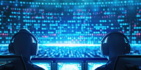 Poster - Two individuals in headsets focus intently on colorful digital data displays, suggesting a high-tech gaming or analytical environment.