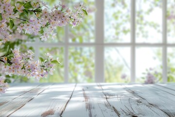Wall Mural - spring themed product display with white window and flowers.