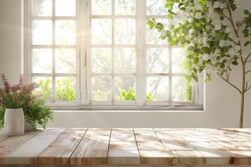 Wall Mural - wooden table with white wall and spring window.