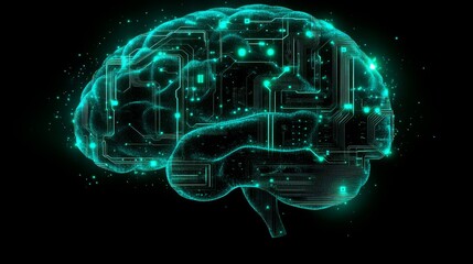 Poster - Digital silhouette of a brain constructed from circuit patterns glowing against a dark background