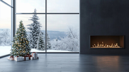 modern minimal home interior at christmas with snow outside of large windows and cool fireplace