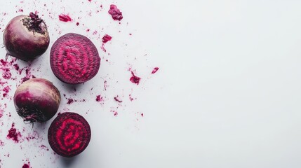 Wall Mural - Freshly cut beetroot is displayed on a white background, revealing its rich, deep purple interior and earthy exterior, ideal for culinary uses and healthy dishes