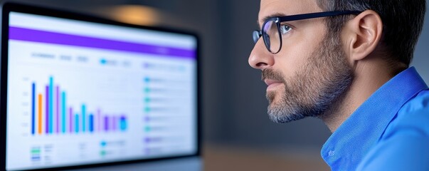 Wall Mural - Side profile of a man in glasses analyzing data charts on a computer screen. Business analysis and financial report concept.