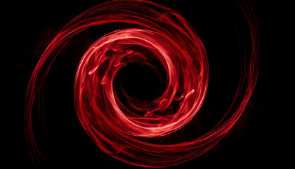 Wall Mural - Red smoke swirling in circular shape against dark black background, isolated and mysterious.