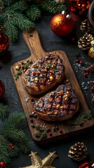 Canvas Print - Grilled steaks garnished with herbs and red berries on a wooden board during a festive celebration