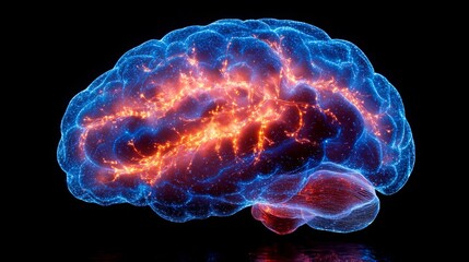 Poster - Silhouette of a brain with electric sparks symbolizing thoughts and neural activity at night