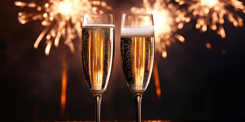 Two glasses of sparkling champagne on the table against a backdrop of fireworks exploding in the sky. New Year Eve party, holiday celebration