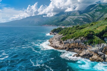 Wall Mural - Aerial view of sea waves and fantastic Rocky coast  Montenegro