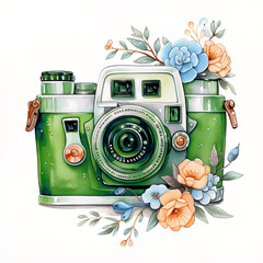 Wall Mural - watercolor clipart green retro vintage photo camera with flowers on white background