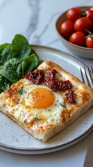 Wall Mural - Delicious slice of frittata with spinach and roasted tomatoes served on a modern plate