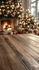 Poster - Warm wooden table surrounded by festive decorations and a glowing fireplace during the holidays