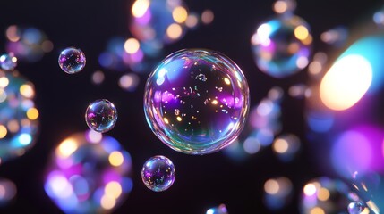 Wall Mural - a glowing representation of bubbles suspended in a dark, colorful background, creating a vibrant and