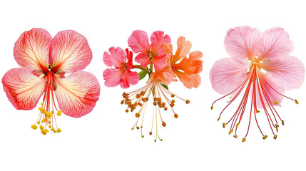 Poster - bright peacock and other flowers on clear background generative ai