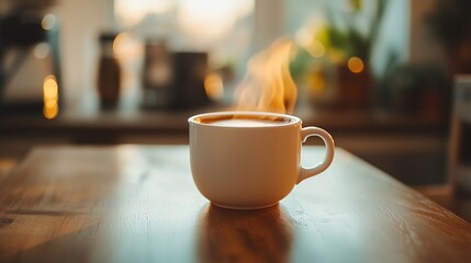 A white coffee cup with steam rising from it sits on a wooden table. Concept of warmth and comfort