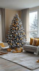 Poster - Cozy living room with a decorated Christmas tree in winter, adorned with gifts and snow view