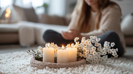 Poster - A minimalistic scene featuring lit candles surrounded by flowers on a cozy rug, with a woman softly blurred in the background