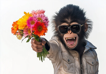 Wall Mural - a playful chimpanzee wearing sunglasses and a leather jacket holds out a bouquet of flowers with an 