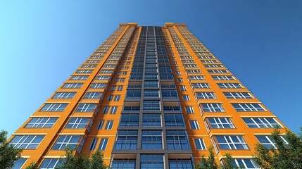 A low angle view of a tall orange apartment building with a blue sky.