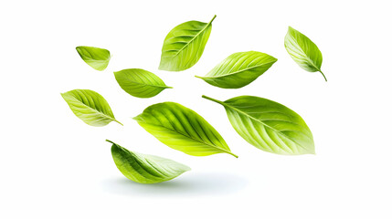 Fresh green leaves floating on a clean white background, suitable for an eco-friendly or natural product design    