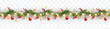 © Kindlena - Border with green fir branches, red balls, berries, gold lights and stars isolated on transparent background. Pine, xmas evergreen plants seamless banner. Vector Christmas tree garland decoration