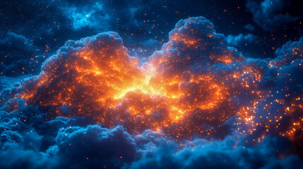 Poster - Abstract glowing orange cloud symbol over circuit board, representing cloud computing and digital data storage in a futuristic tech scene