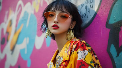 Sticker - A fashion portrait of a model in a bold Japanese street style outfit, posed against a vibrant, graffiti-covered wall