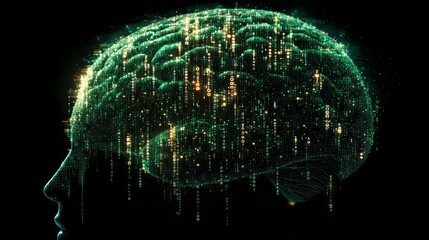 Poster - Silhouette of a brain filled with streaming binary code against a dark background