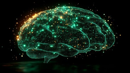 Poster - A glowing brain silhouette filled with a matrix of binary code against a dark background