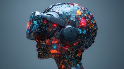 Poster - a brain silhouette crafted from overlapping virtual reality elements in a modern digital world